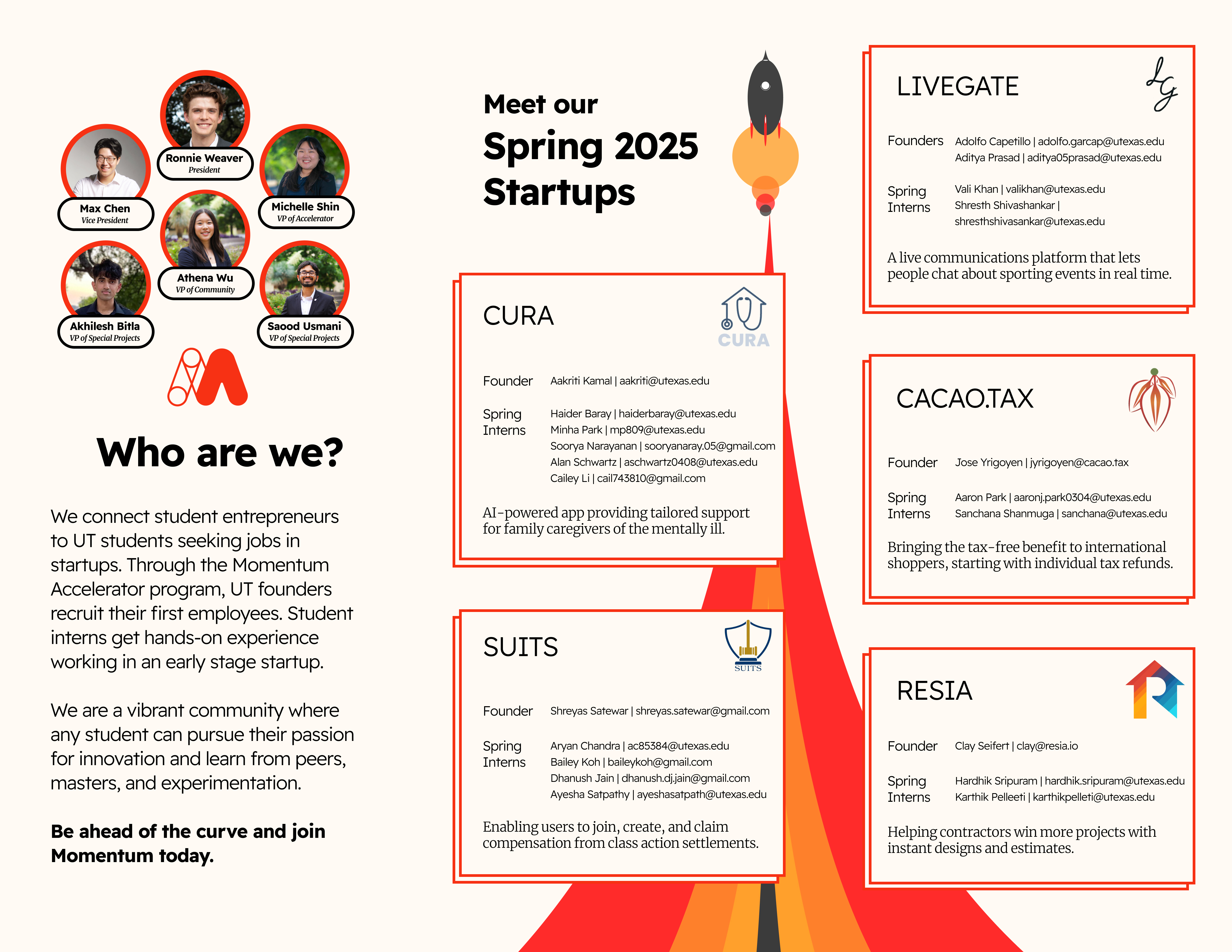 Inner brochure design for Texas Momentum's Spring 2025 Demo Day